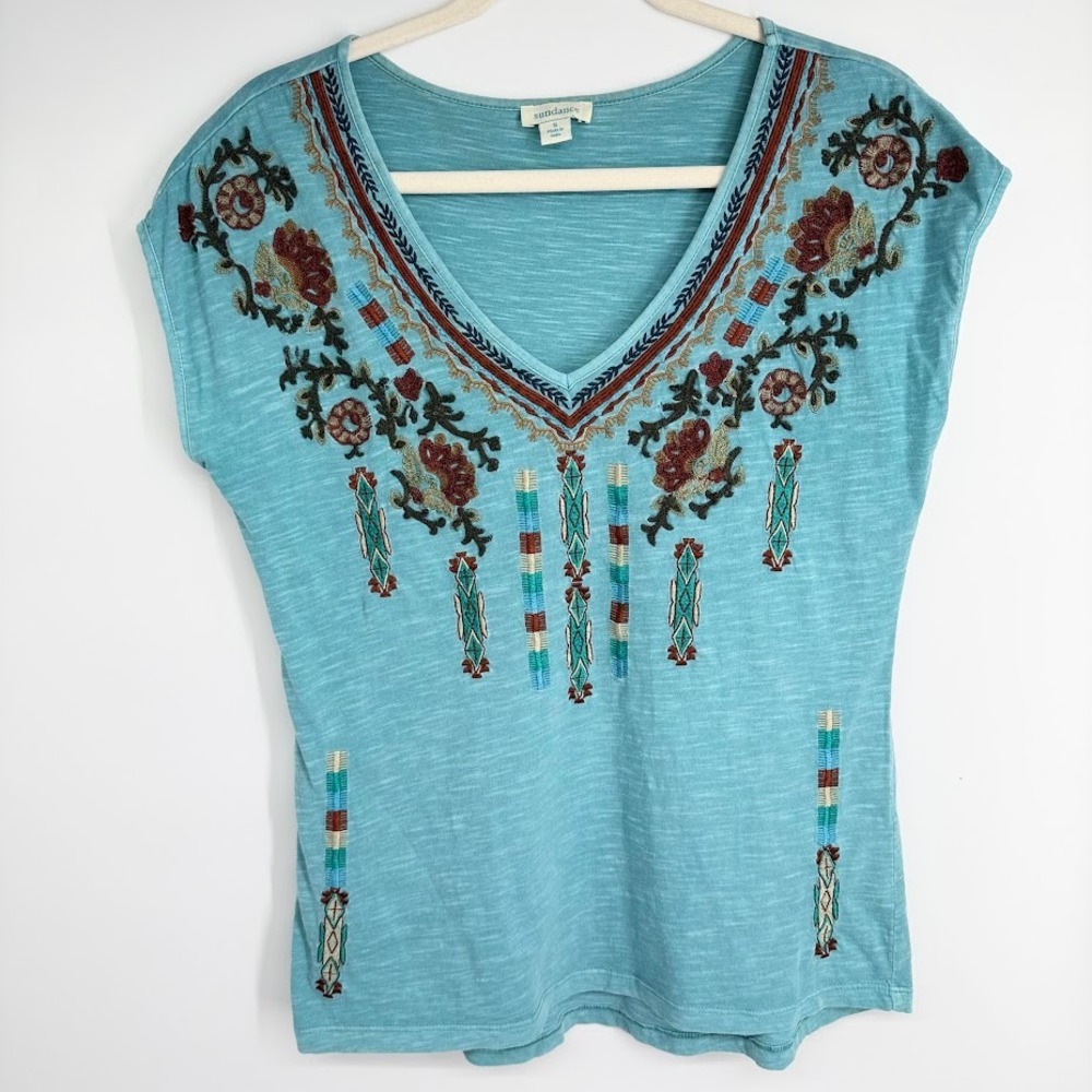 Sundance Embroidered Slub Cotton V-Neck Tee Shirt Small Teal Blue Floral Boho